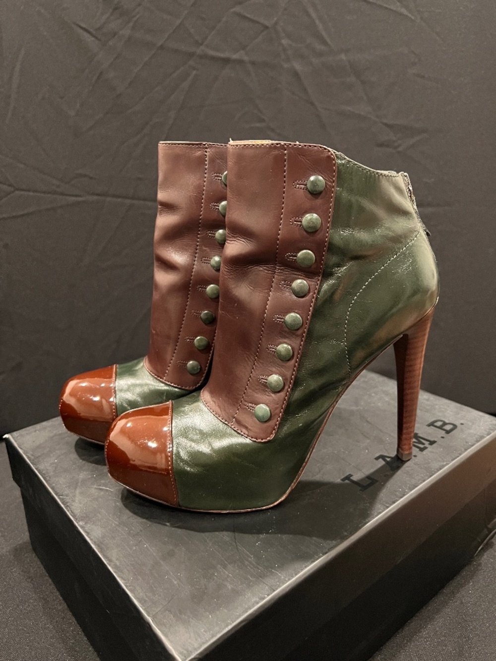 L.A.M.B. Leather Platform Ankle Booties Green Brown Stiletto Heels US 8